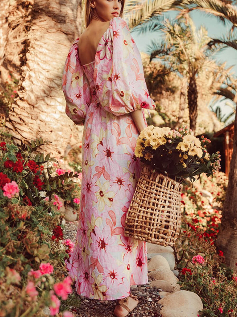 Pastel Blooms Puff Sleeves Midi Dress