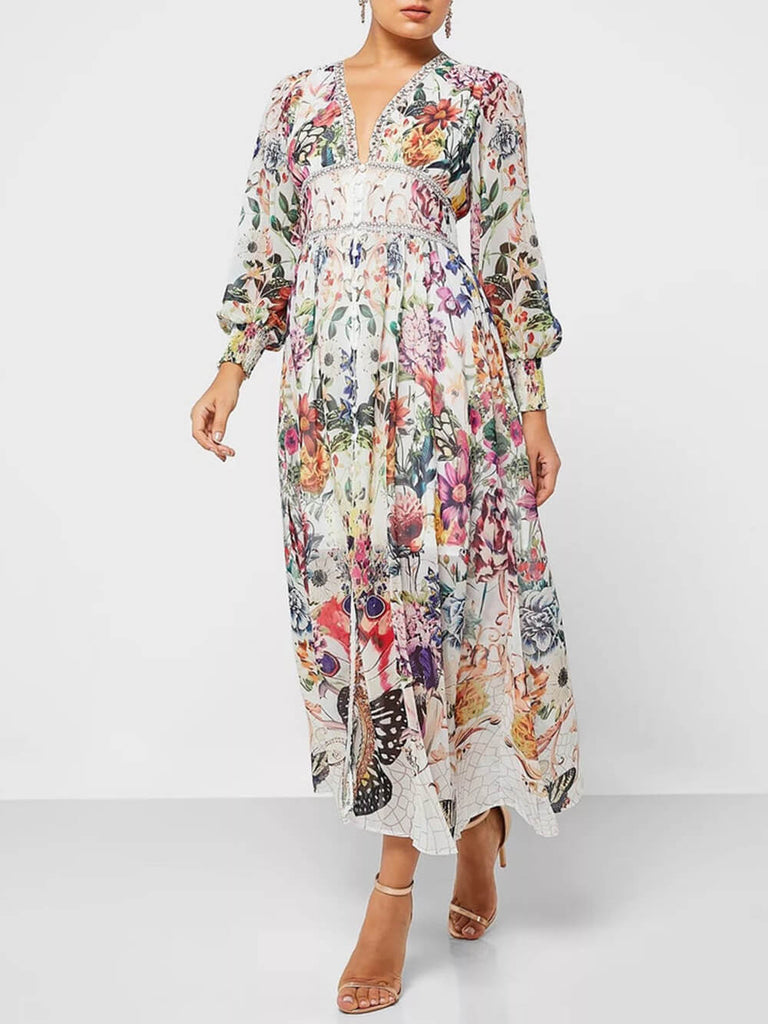 Robe longue en mousseline à imprimé floral et col en V