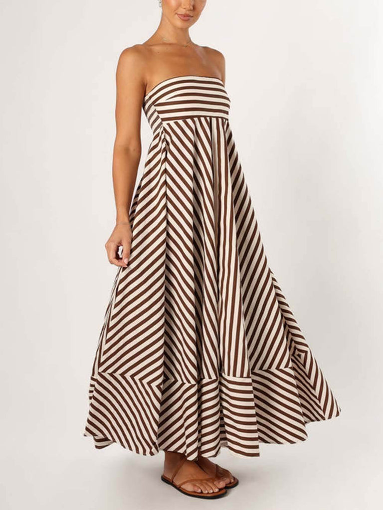 Elegant Bandeau Stripe Color Blocking Strapless Maxi Dress