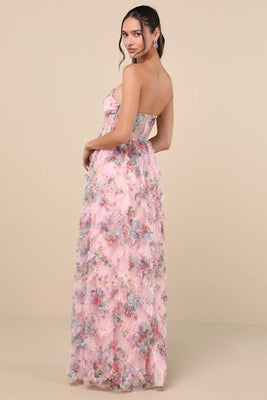 Stunning Element Mesh Ruffled Strapless Maxi Dress