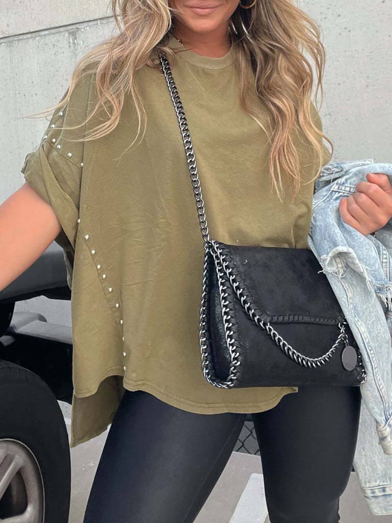 Roll Up Sleeve Studded Oversized Tee