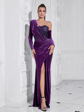 Load image into Gallery viewer, Purple Sequin High-Slit Long Dress