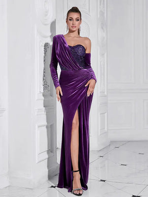 Purple Sequin High-Slit Long Dress