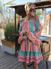 Laden Sie das Bild in den Galerie-Viewer, Linen Blend Ethnic Print Off Shoulder Loose Mini Dress