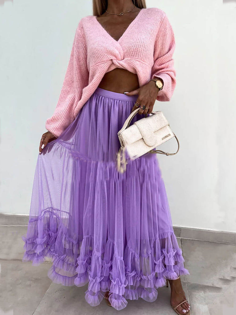 Elegant Tulle Stretch Waist Paneled Pleated Maxi Skirt