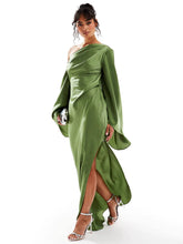 Load image into Gallery viewer, Green Asymmetrical Hem Satin Maxi Dress