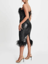 Load image into Gallery viewer, Black Sophia Bandeau Sequin Midi Dress With Feather Trim