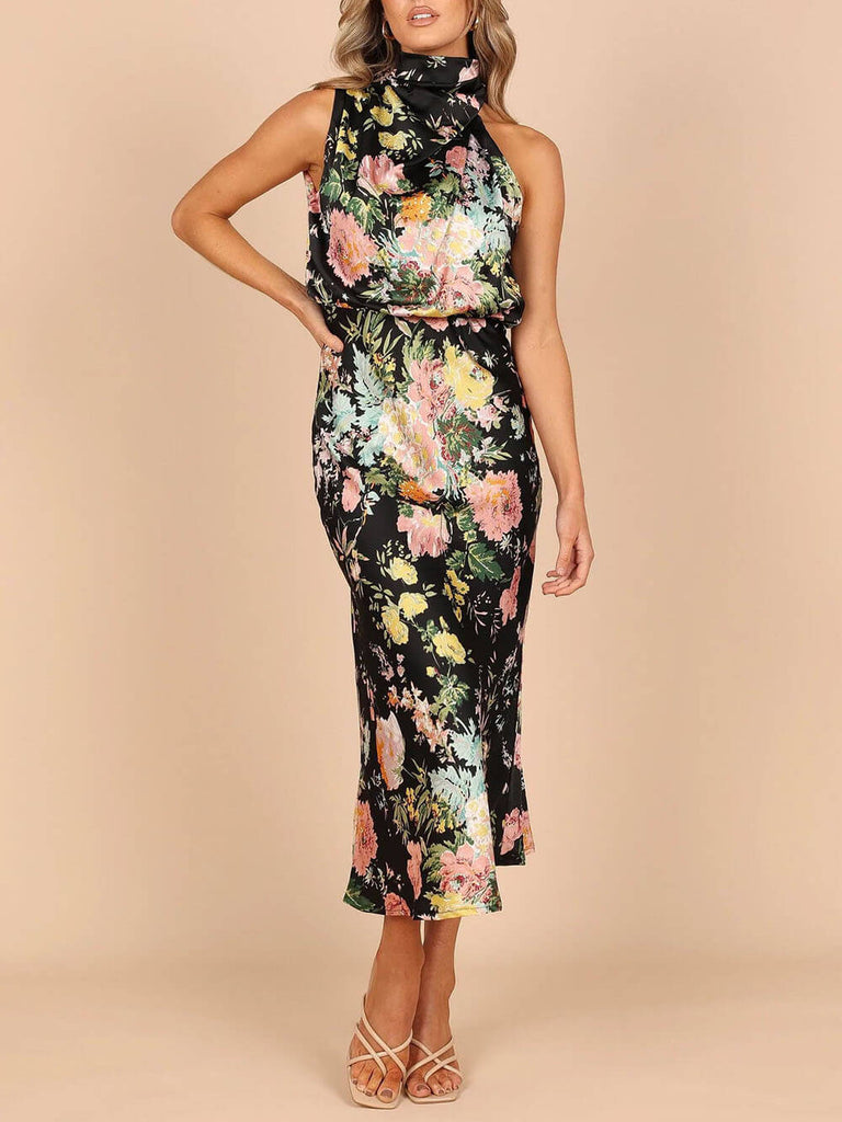 Floral Halter Neck Elastic Waist Maxi Dress