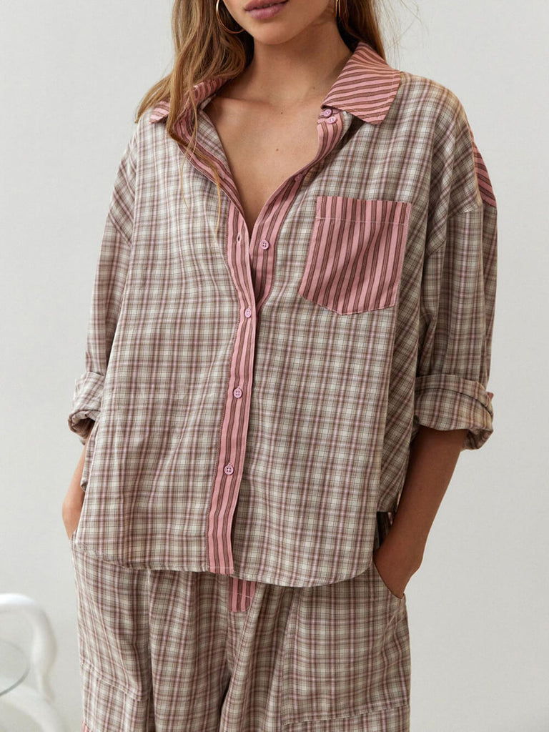 Pink Loose Splice Pajama Set