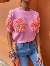 Load image into Gallery viewer, Sweet Contrast Color Flower Round Neck Short Sleeve Sweater