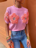 Sweet Contrast Color Flower Round Neck Short Sleeve Sweater