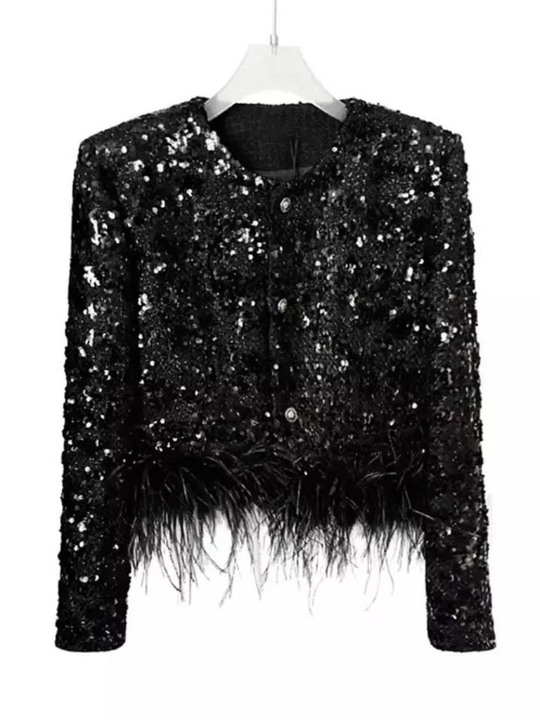 Veste à paillettes noires avec plumes