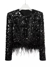 Load image into Gallery viewer, Black Sequins Jacket With Feathers