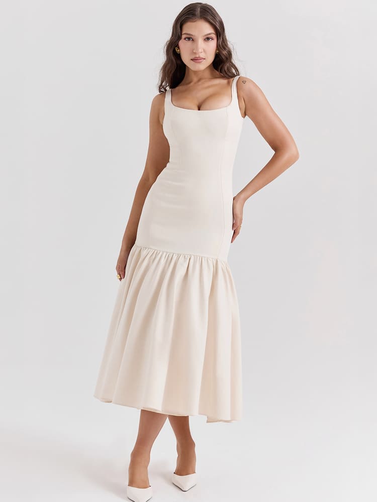 Vintage Low-Waist Midi Dress - Cream Beige