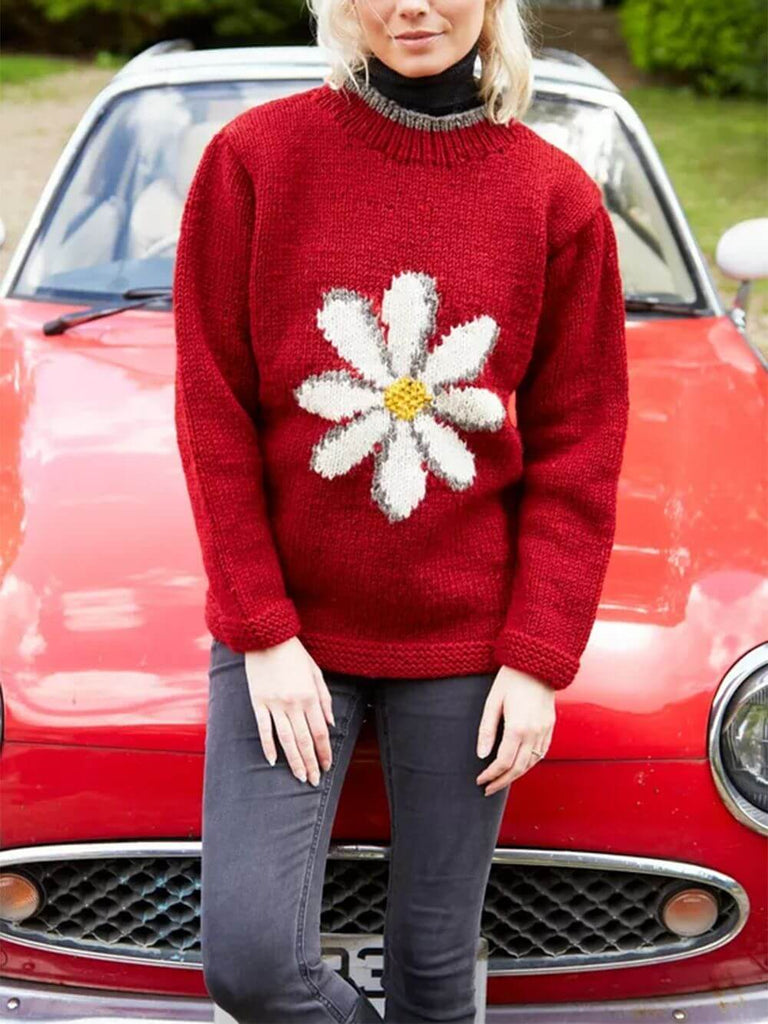 Pull rouge à motif marguerites vintage