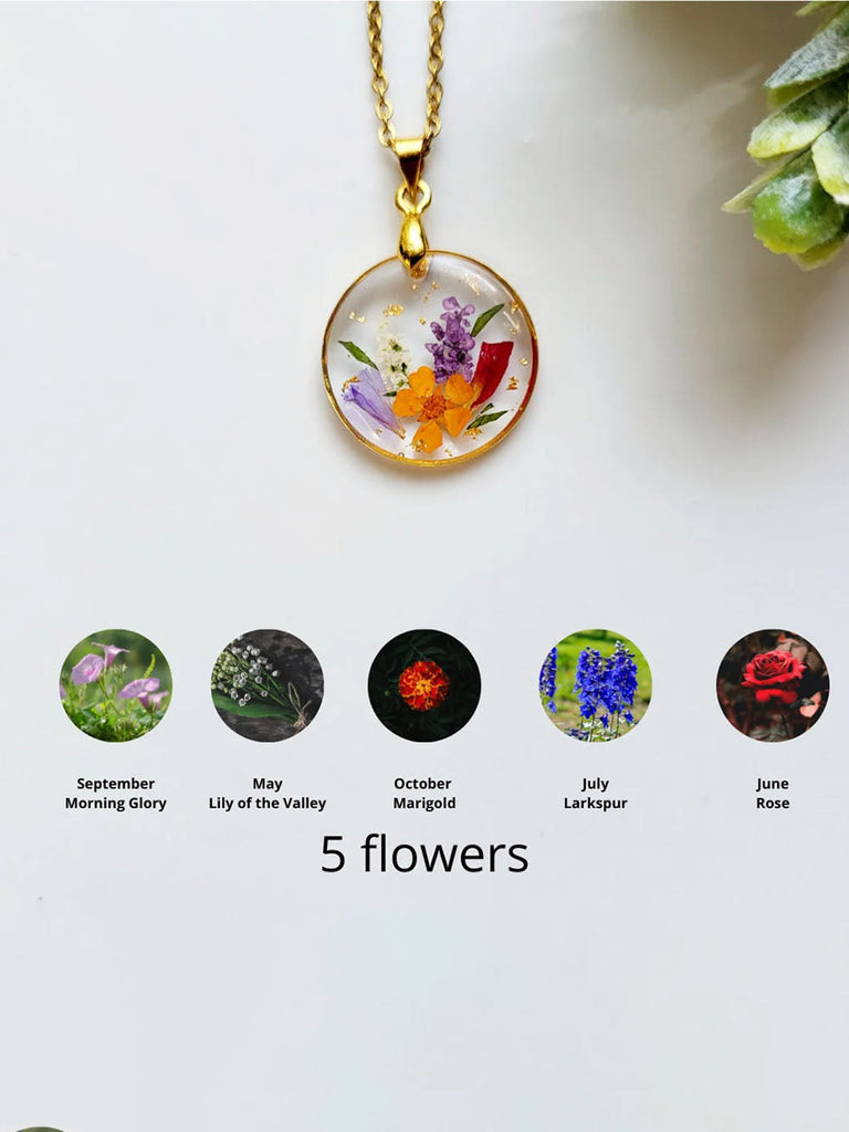 Colliers pendentifs en résine pressée avec bouquet de fleurs de naissance faits à la main