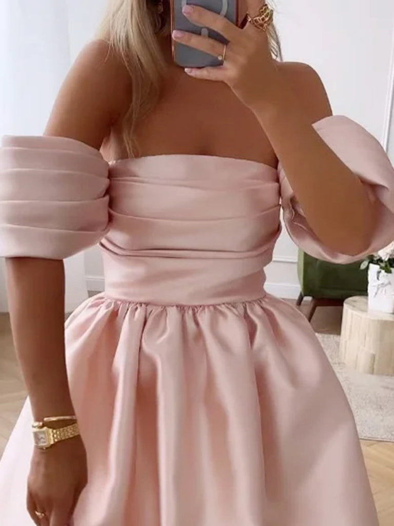 One Shoulder Puff Sleeve Solid Color Dress