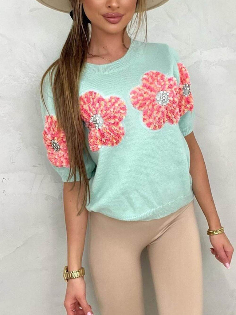 Sweet Contrast Color Flower Round Neck Short Sleeve Sweater