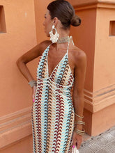 Load image into Gallery viewer, Halter V Neck Backless Boho Pattern Knit Slim-Fit Vacation Maxi Dresses-Beige