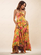 Carregar imagem no visualizador da galeria, Hanging Neck Printed Floral Design Backless Straight Maxi Dress