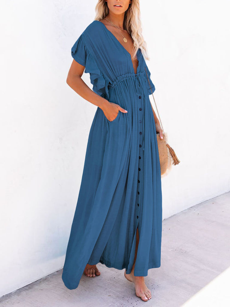 Button Cotton Linen Perfect Beach Boho Maxi Dress