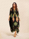 Unique Drop Shoulder Sleeve Coconut Tree Printed Dress