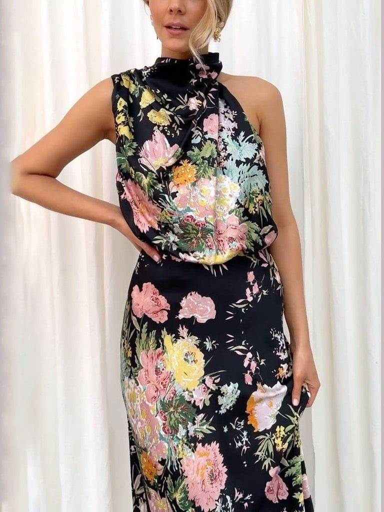 Robe longue fleurie à taille élastique et col licou