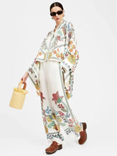 Load image into Gallery viewer, Fine Satin Floral Print Batwing Sleeve Pants Set - White