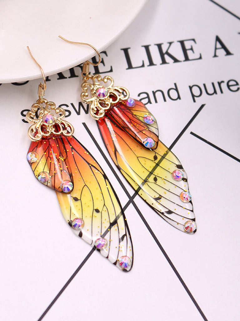 Boucles d'oreilles en cristal d'aile de cigale avec strass jaunes et ailes de papillon