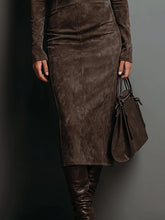 Load image into Gallery viewer, High Neck Long Sleeve Suede Midi Dress