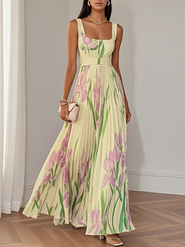 White Pleated Floral Chiffon Square Neck Sleeveless A-Line Maxi Dress