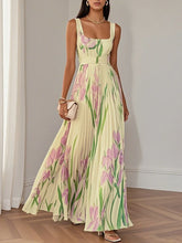 Load image into Gallery viewer, White Pleated Floral Chiffon Square Neck Sleeveless A-Line Maxi Dress