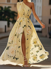 Load image into Gallery viewer, Light Green Floral Ruched One Shoulder A-Line Maxi Chiffon Dress