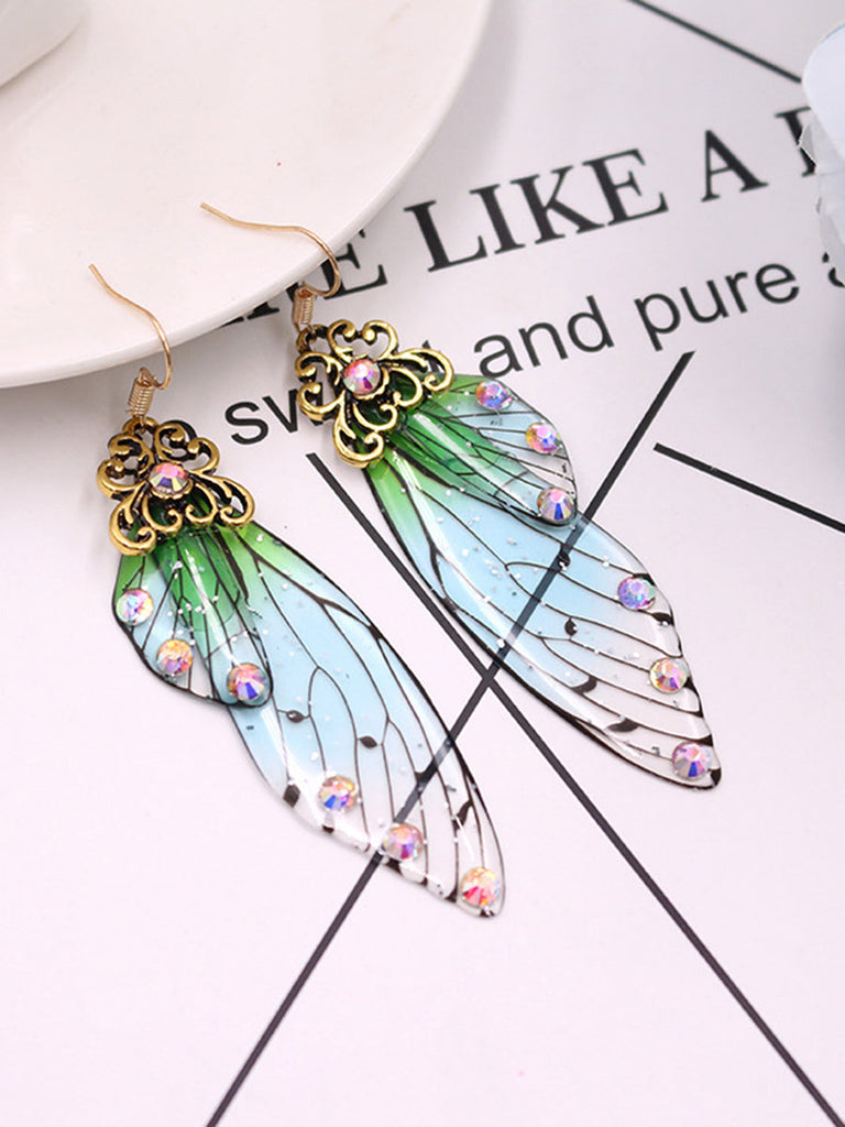 Boucles d'oreilles ailes de cigale en cristal strass vert aile de papillon 