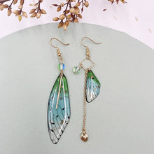 Load image into Gallery viewer, Butterfly Wing Green Gold Foil Cicada Wing Tassel Earrings