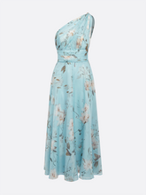 Carica l&#39;immagine nel visualizzatore di Gallery, Light Blue Floral Ruched Chiffon One Shoulder Sleeveless A-Line Maxi Dress