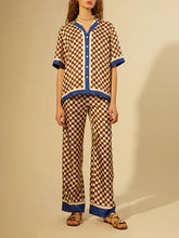 Carica l&#39;immagine nel visualizzatore di Gallery, Unique Checkerboard Print Blue Stripe Patchwork Loose Top