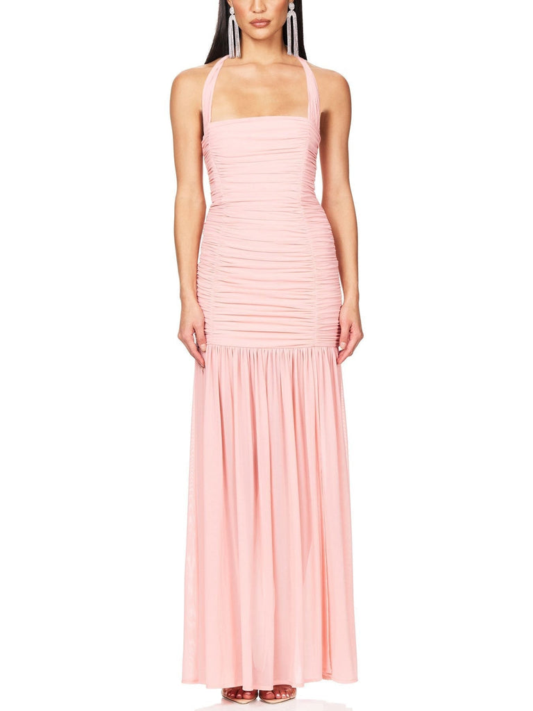 Elegant Halterneck Pleated Hip-Hugging Maxi Dress