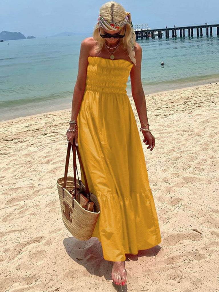 Smocked Bust Off Shoulder Vacation Maxi Dress