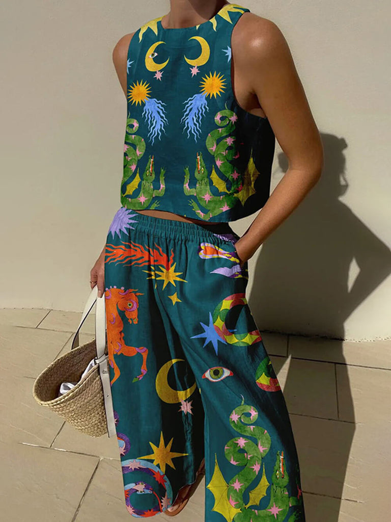 Unique Print Tank And Elastic Waist Pocketed Pants Set