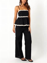 Laden Sie das Bild in den Galerie-Viewer, Sleeveless Loose Plain Two-Piece Wavy Lace Wide-Leg Pants Set