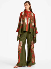 Load image into Gallery viewer, Fine Satin Floral Print Batwing Sleeve Pants Set - Dark green