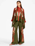 Fine Satin Floral Print Batwing Sleeve Pants Set - Dark green