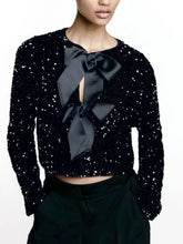 Load image into Gallery viewer, Bow Tie Textured Cardigan &amp; Mid Rise Sequin Skort