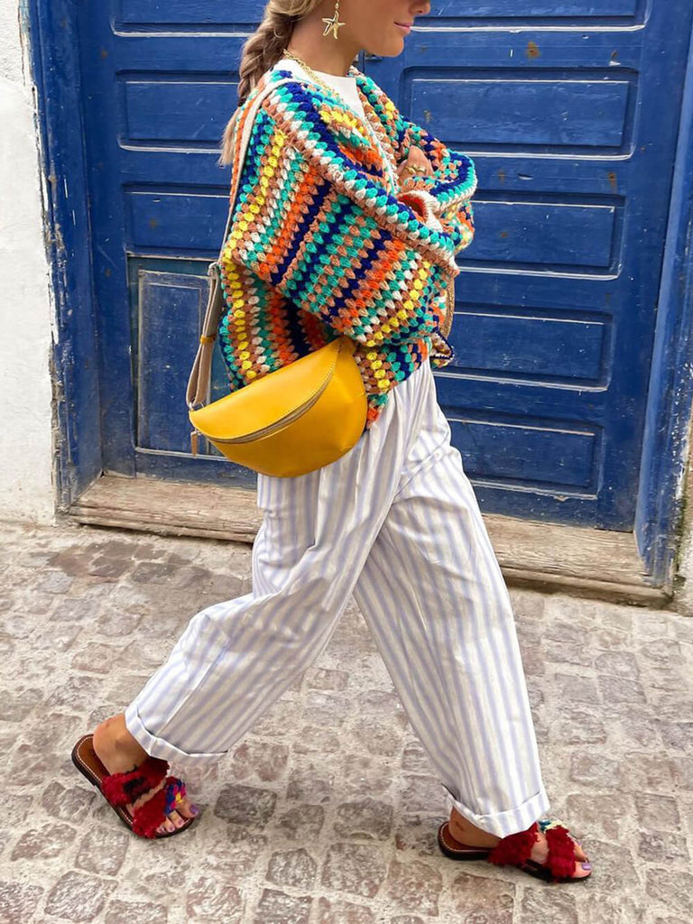 Rainbow Stripe Crochet Loose Cardigan