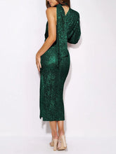 Load image into Gallery viewer, Sequins Halterneck Asymmetry Midi Dress