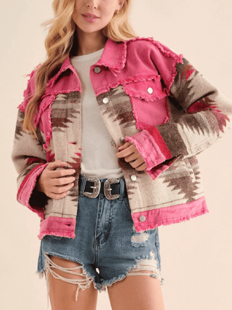 Veste en jean aztèque effilochée en coton Dolly