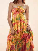 Carregar imagem no visualizador da galeria, Hanging Neck Printed Floral Design Backless Straight Maxi Dress