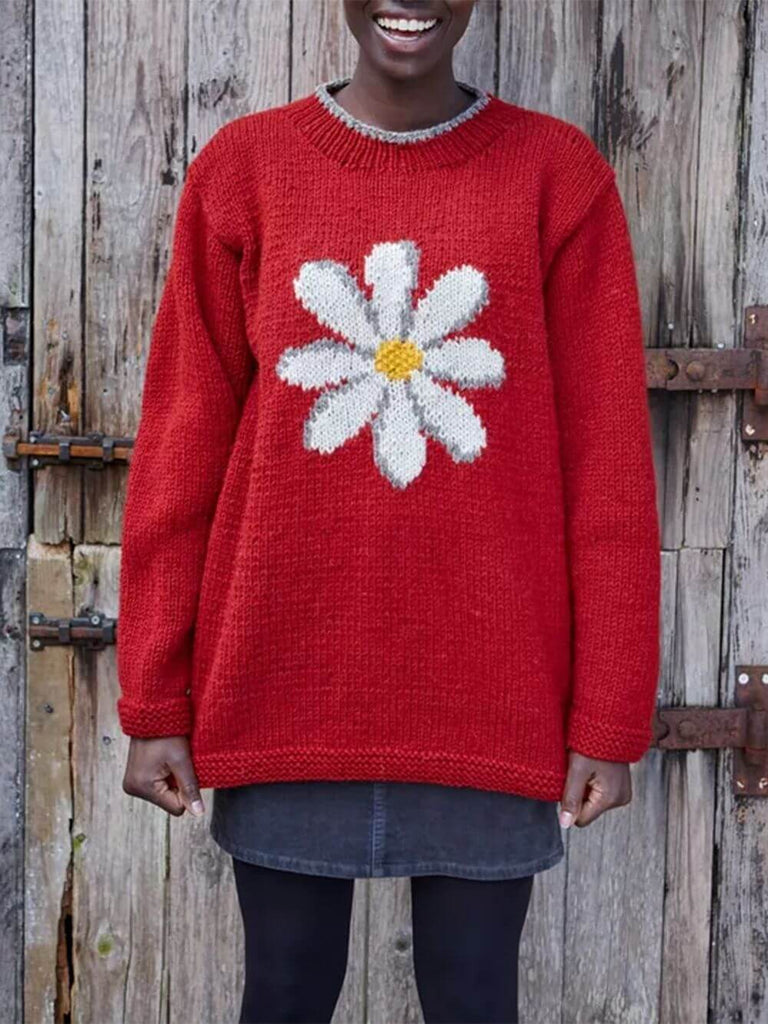 Pull rouge à motif marguerites vintage