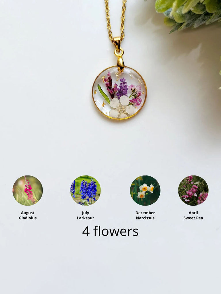 Colliers pendentifs en résine pressée avec bouquet de fleurs de naissance faits à la main